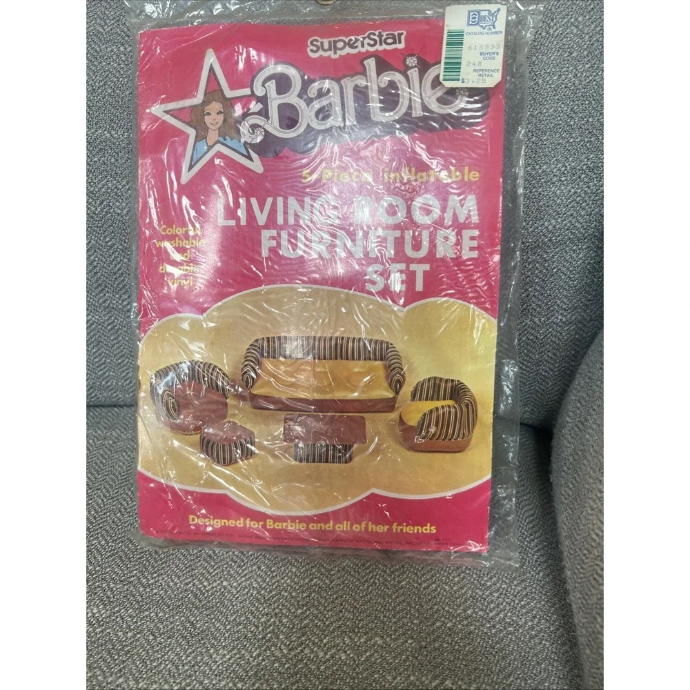 Barbie Superstar Inflatable Living Room Furniture Set Brown Yellow Stripe New